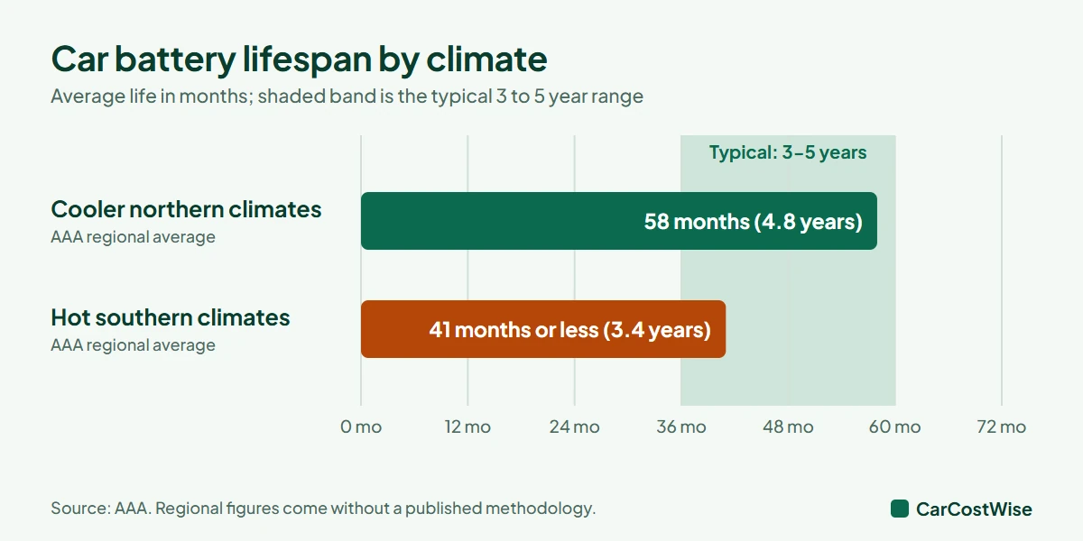 Car battery lifespan by climate: about 58 months in the North versus 41 months or less in the hot South, against the typical 3 to 5 year range