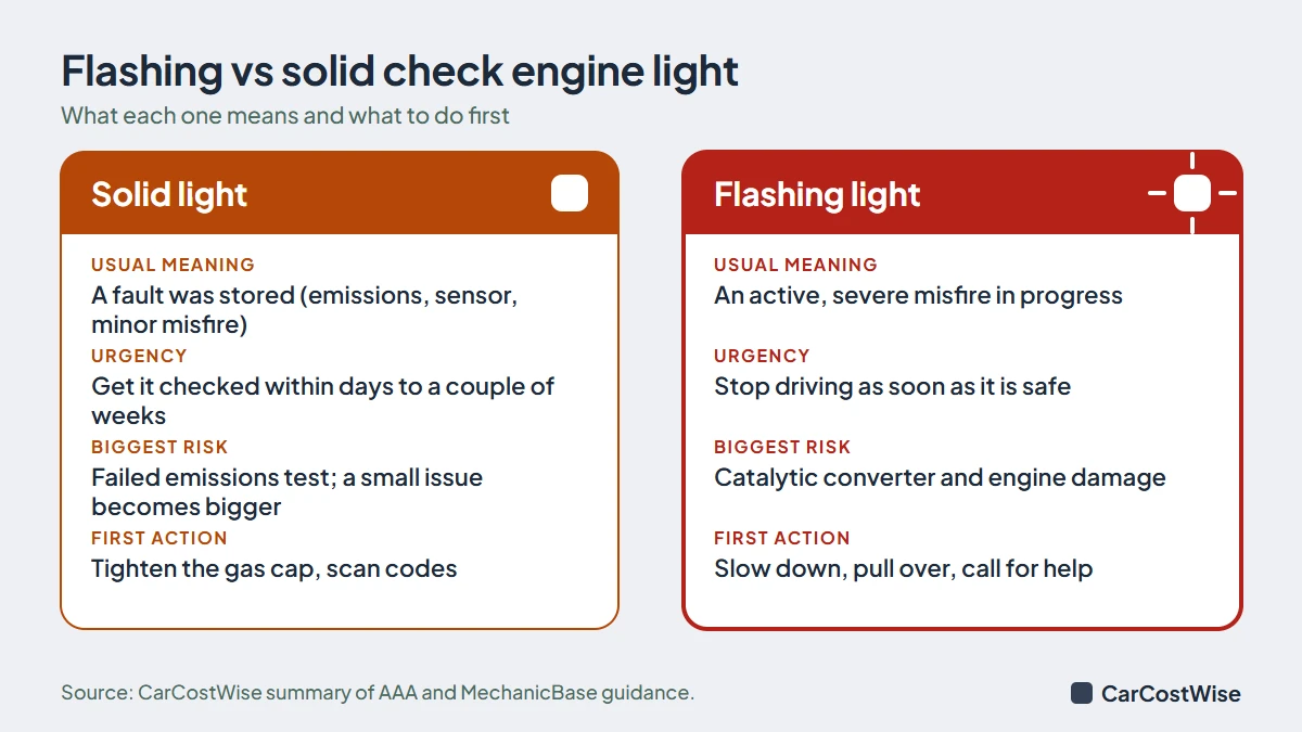 Flashing versus solid check engine light compared: meaning, urgency, biggest risk and first action