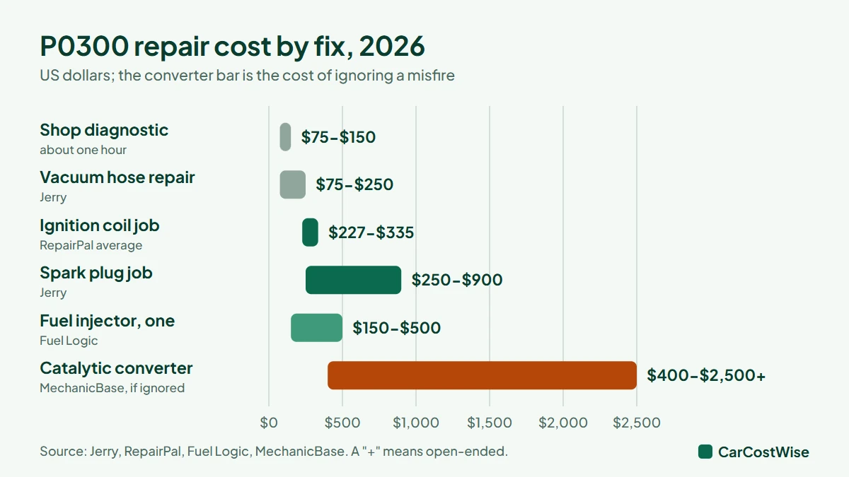 P0300 code repair cost chart: diagnostic, ignition coils, spark plugs, vacuum hose, smoke test, fuel injector and catalytic converter price ranges in US dollars