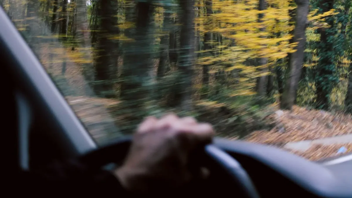 View through a car windshield on an autumn drive through a forest with yellow leaves